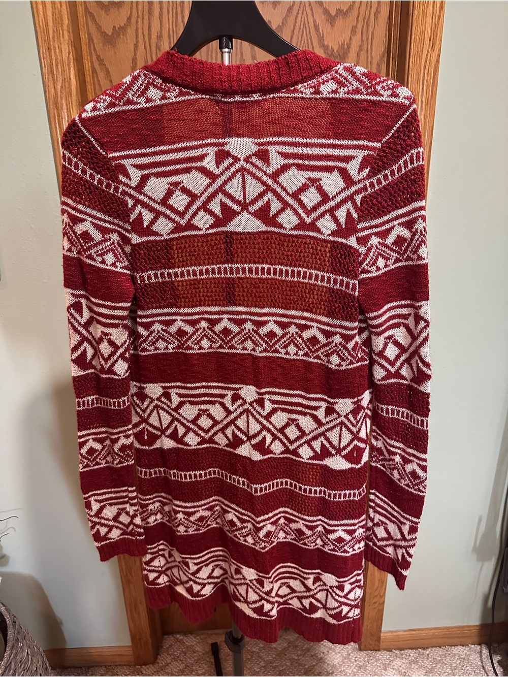 Women’s Red and White Lonh Knit Sweater Cardigan
